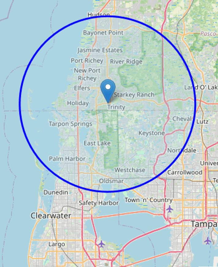 Service area map showing Pasco and North Pinellas
