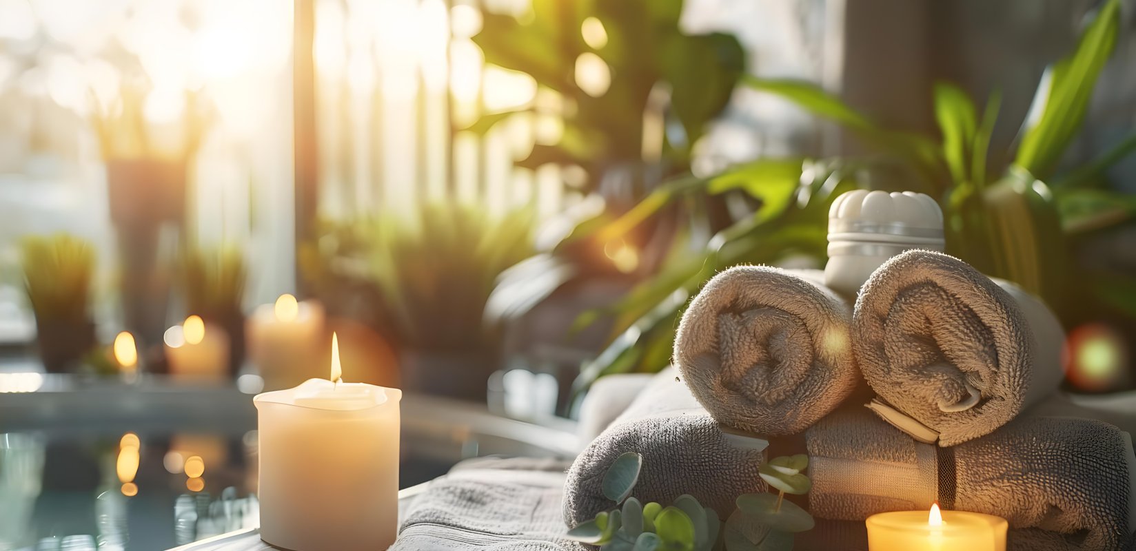 Rolled massage towels beside softly glowing candles