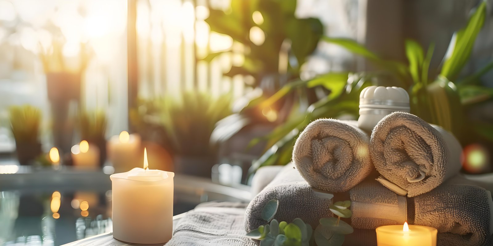 Rolled massage towels beside softly glowing candles
