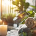 Rolled massage towels beside softly glowing candles